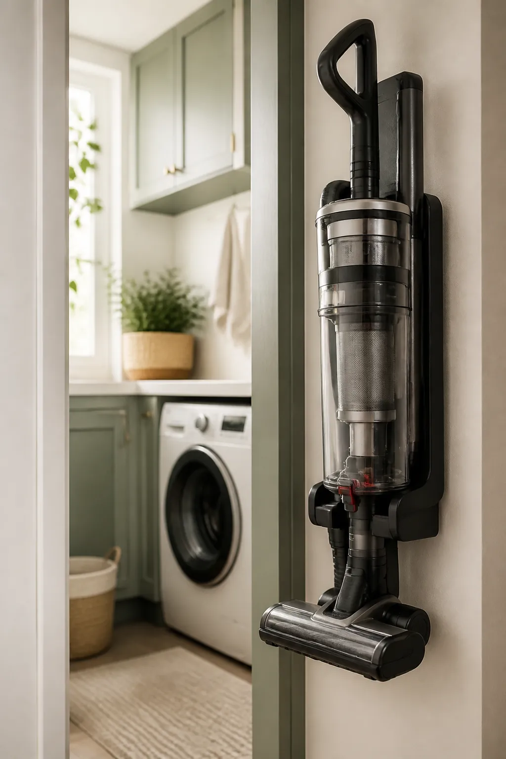 An upright vacuum hanging from a wall mounted holder, its base held an inch above the closet floor.
