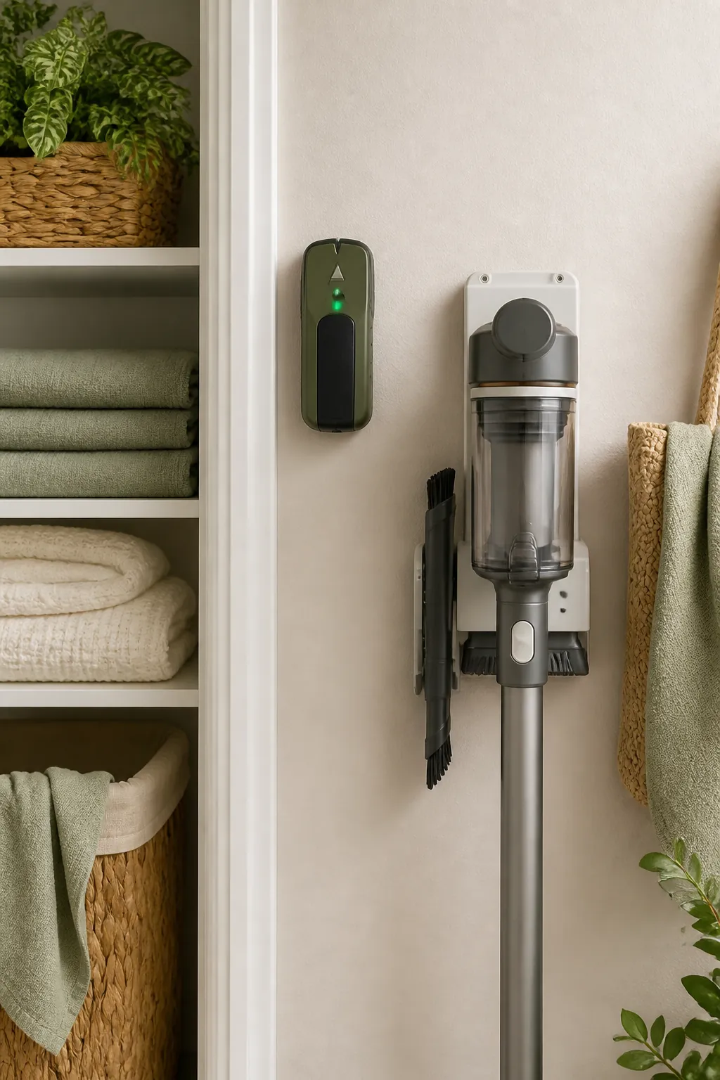 A stud finder pressed against a closet wall next to a loaded vacuum holder already screwed in place.