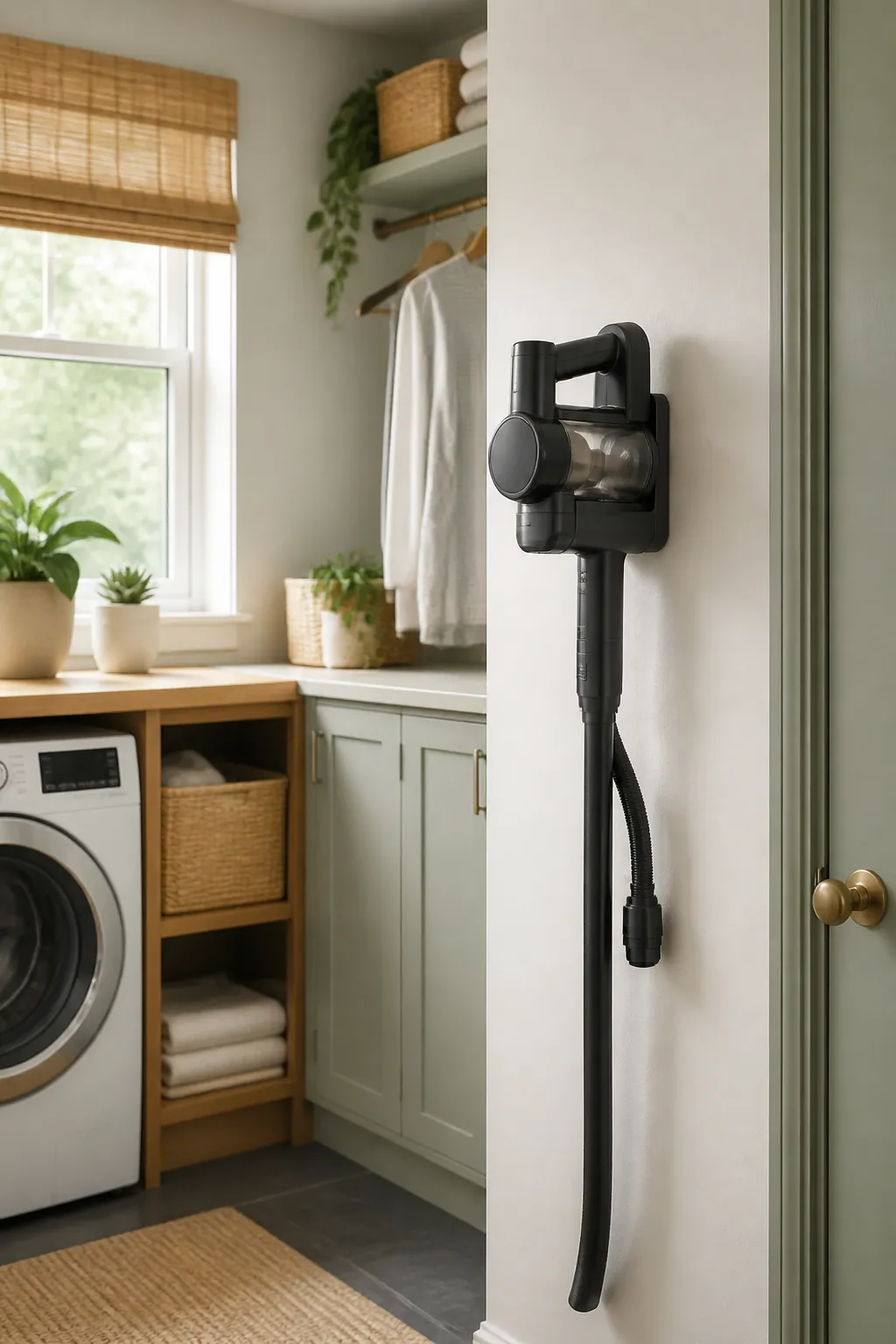 A vacuum's main body gripped by a wall bracket, its hose and coupling hanging loose below the mount.