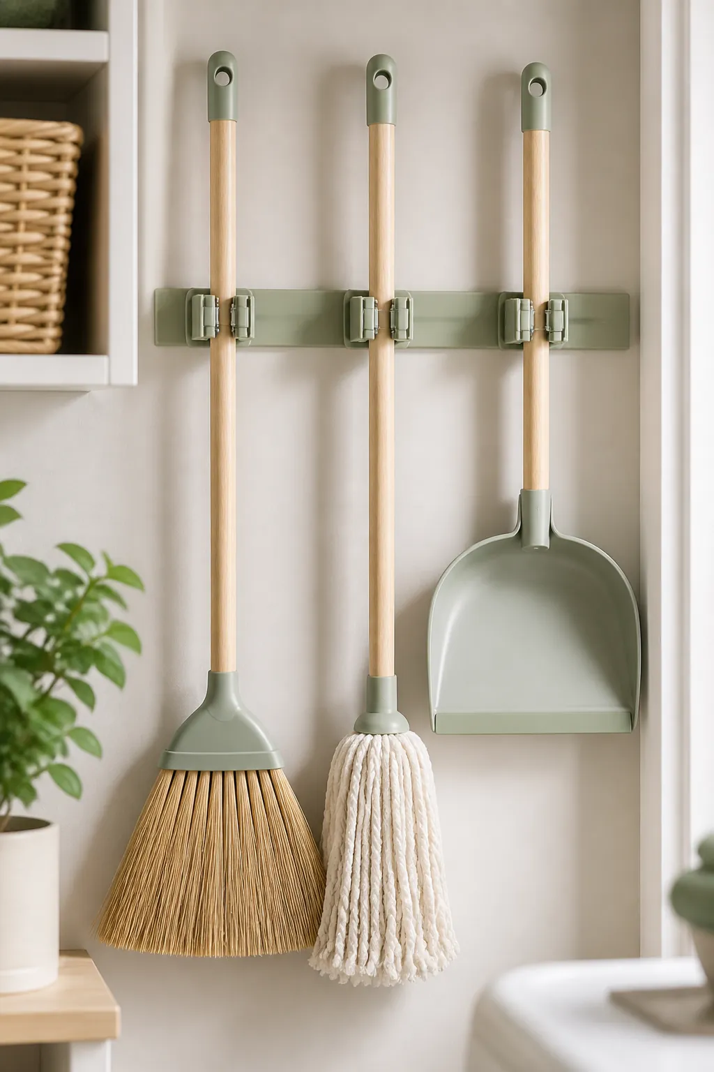 A broom, mop, and dustpan held side by side on a wall-mounted rail with individual spring clips.