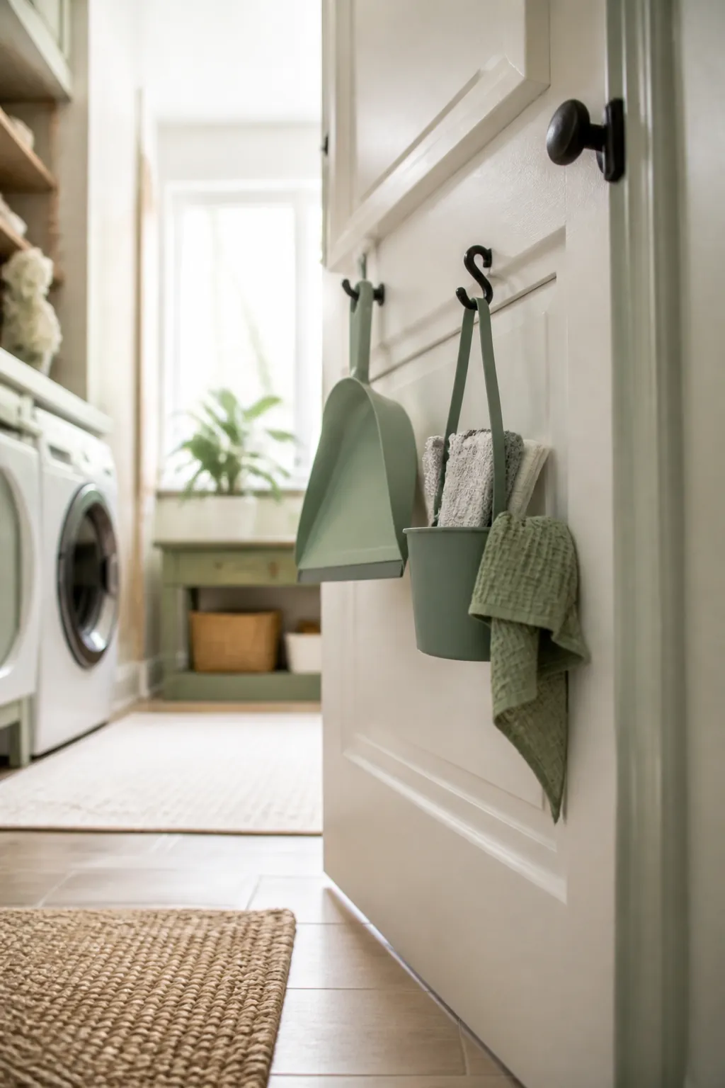 A dustpan and a small cloth caddy hanging from hooks on the back of a closet door.