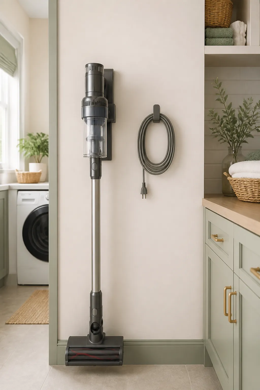 A coiled vacuum cord clipped to its own wall hook mounted near the vacuum's main holder.