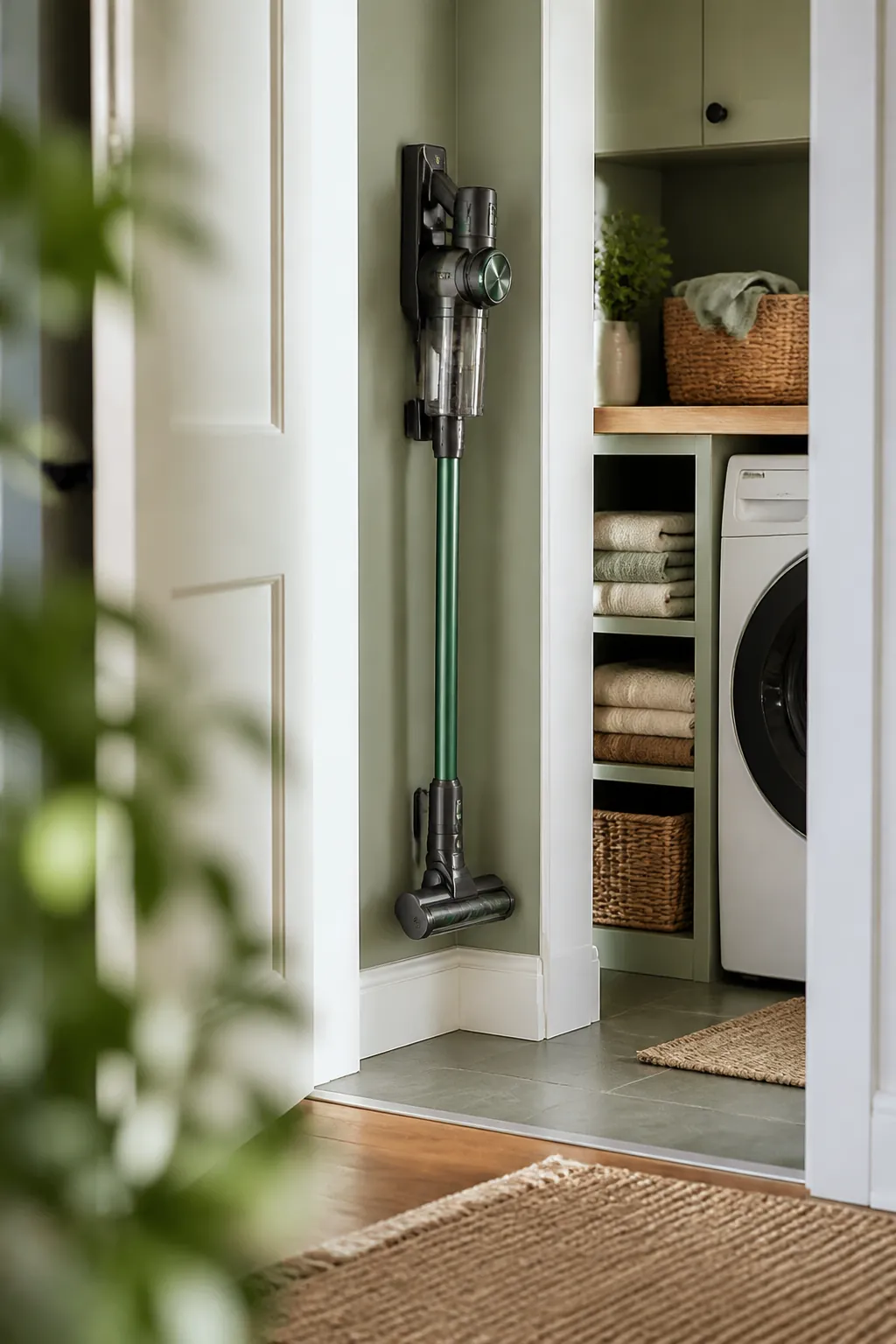A cordless stick vacuum docked in its wall-mounted charger, the canister raised clear of the floor.