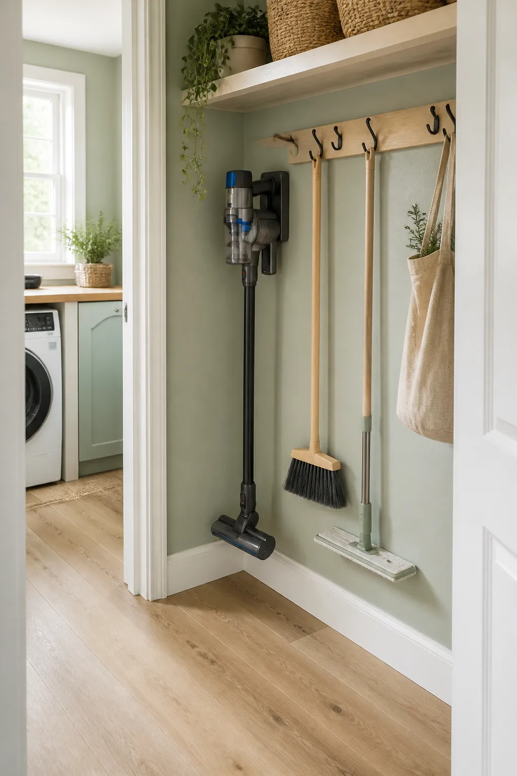 A utility closet floor left bare beneath a wall holding a vacuum, broom, mop, and hooks.