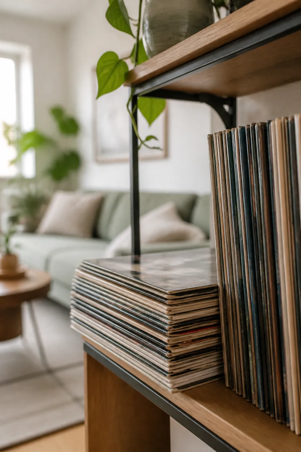 A short stack of records lying flat on a shelf beside a row of the same records standing upright.