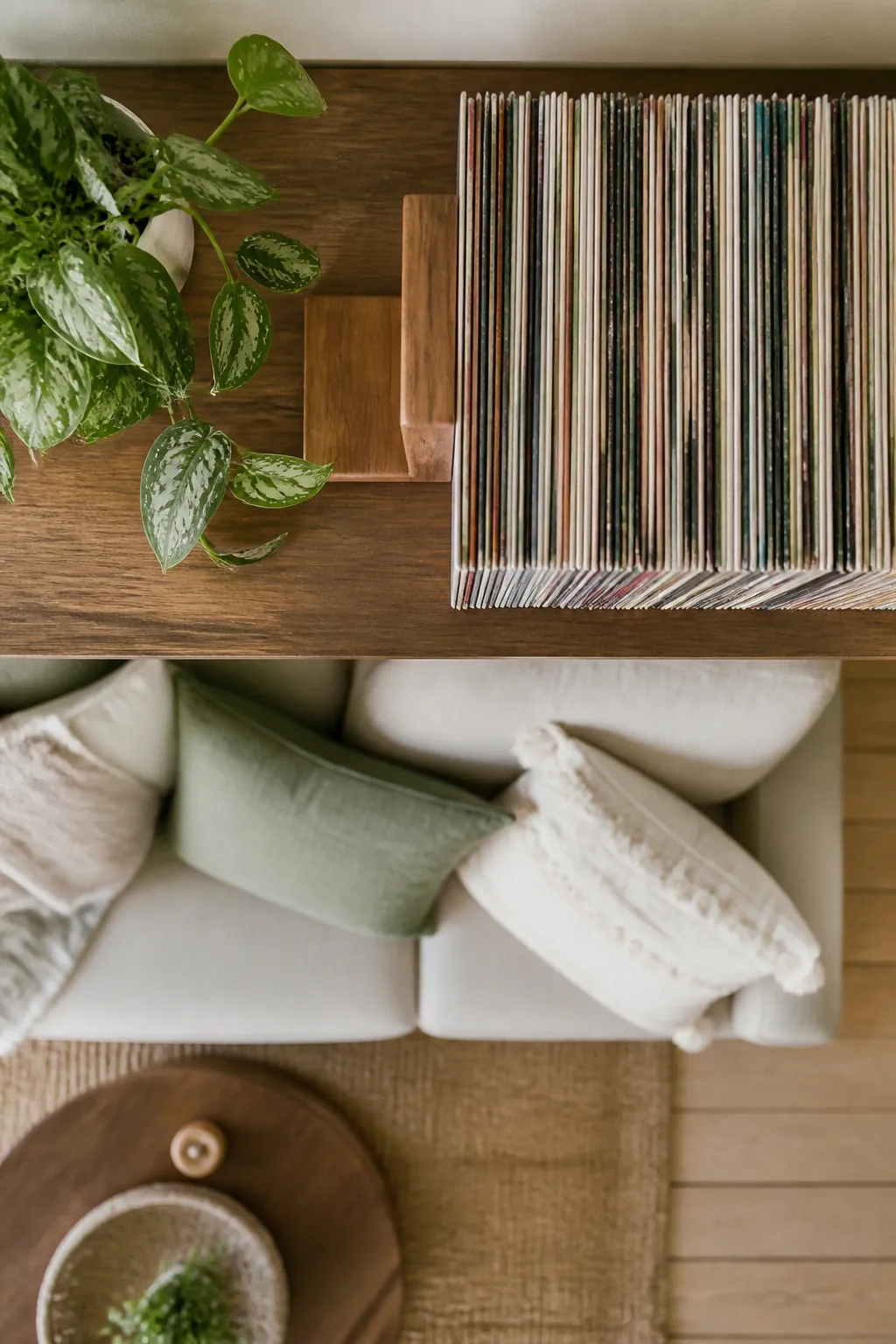 A wooden bookend dividing a long row of upright vinyl records on a shelf into two shorter sections.