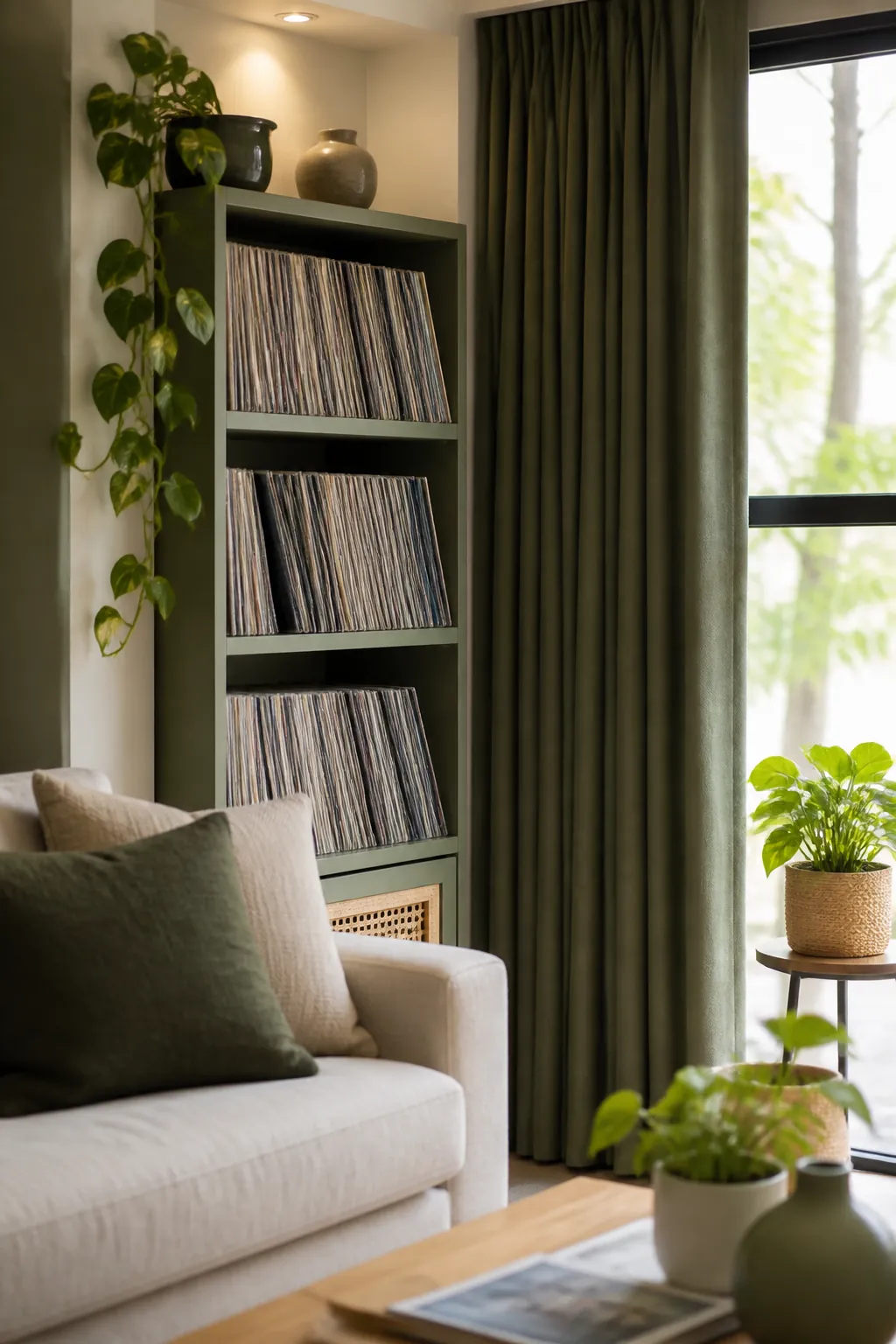A shelf of upright records on an interior wall near a window with the blackout curtains drawn closed.
