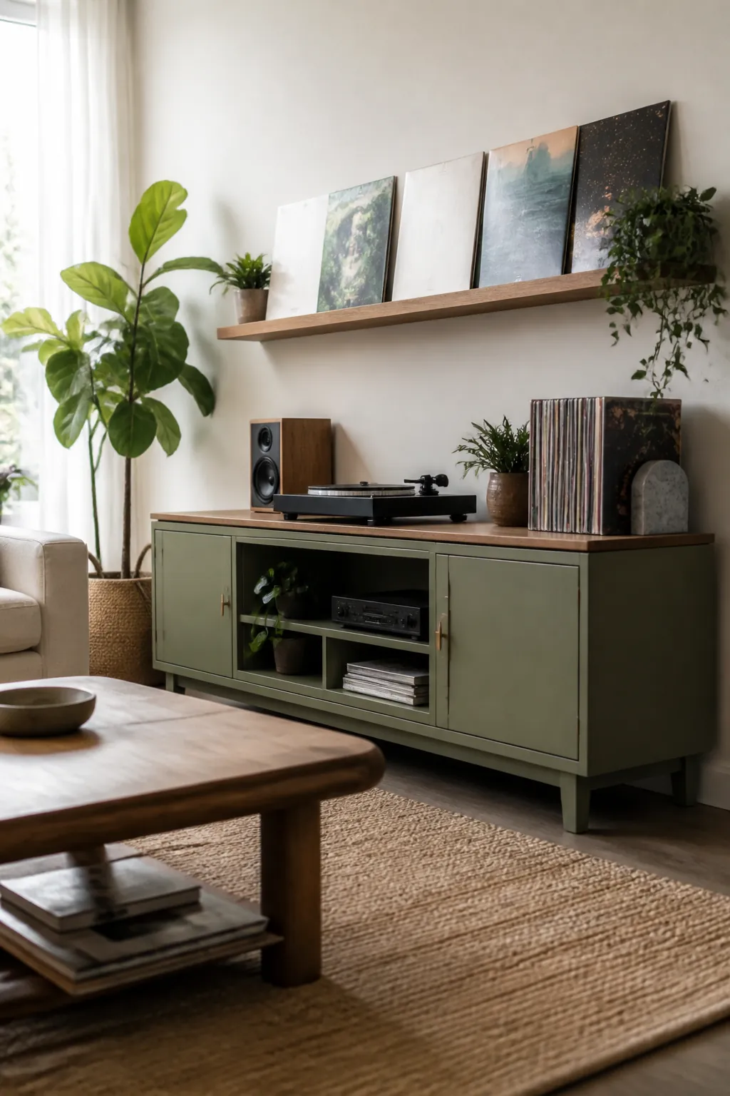 Record sleeves leaned face-out in a row along a floating wall shelf mounted above a console.