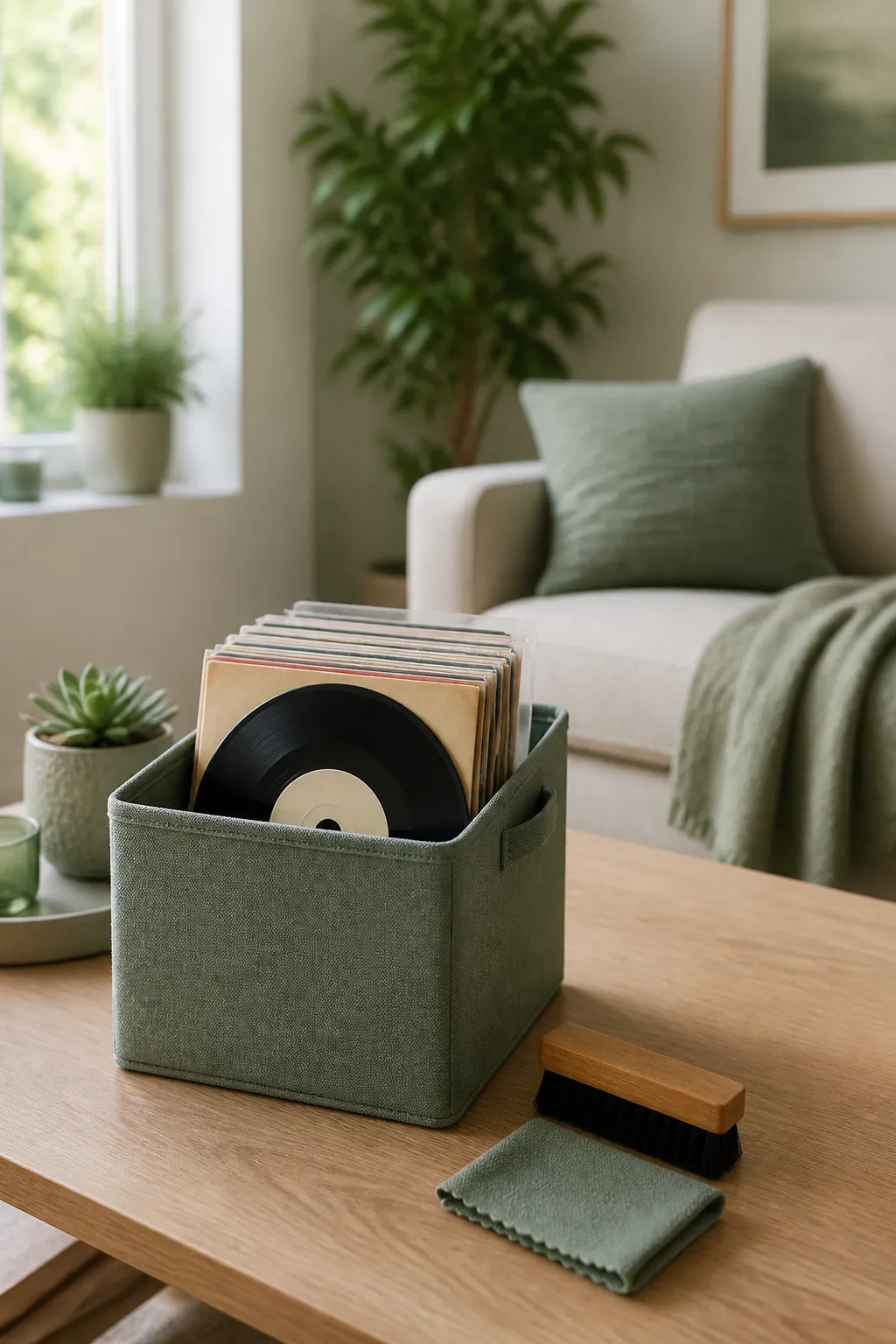 Small 7-inch record singles standing upright inside a fabric cube bin next to a stylus brush and cloth.