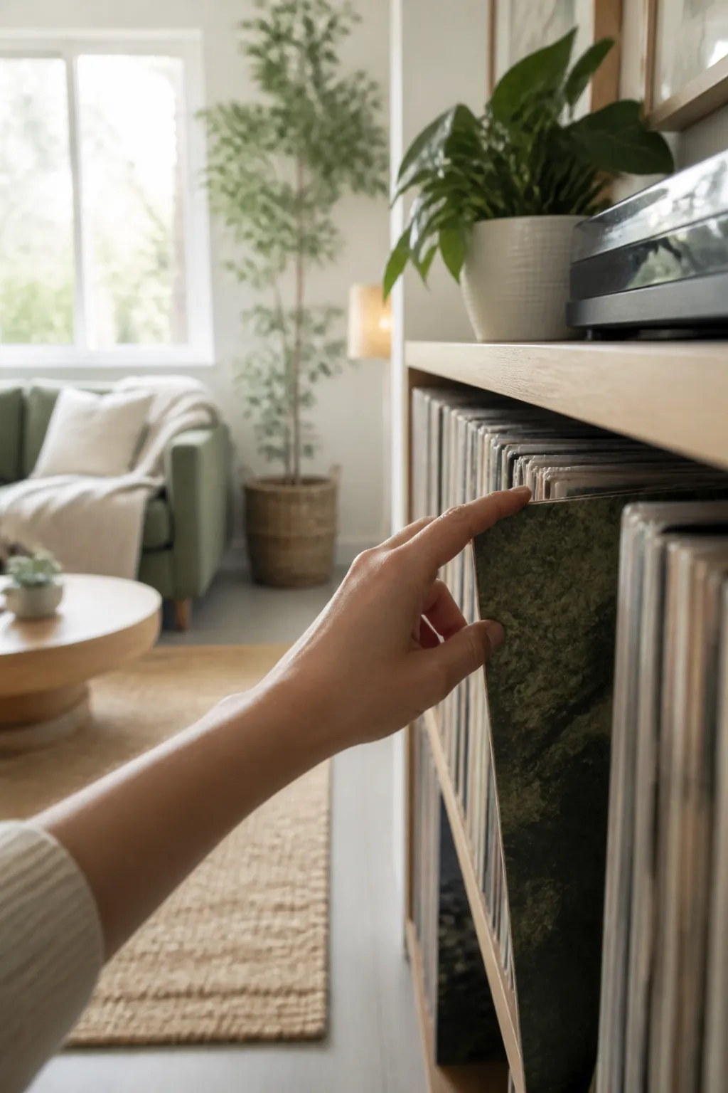 A hand hooking a finger over a record sleeve's top edge at the open end of a packed shelf row.