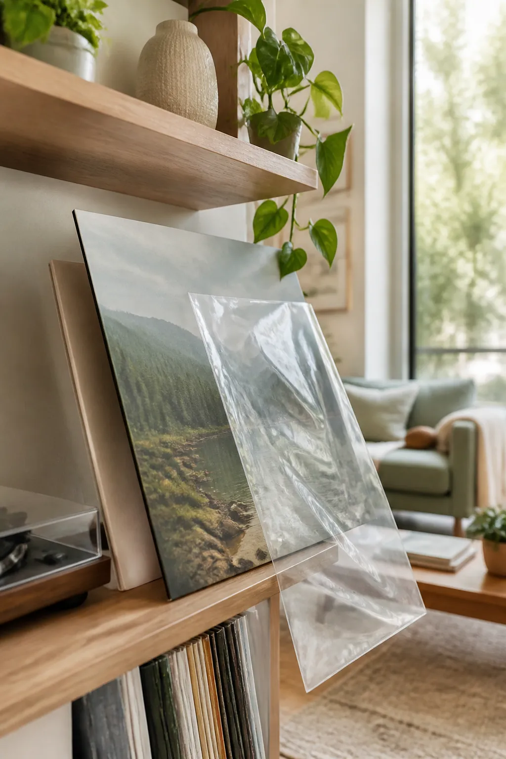 A clear plastic outer sleeve being slid over a record jacket displayed on an open floating shelf.