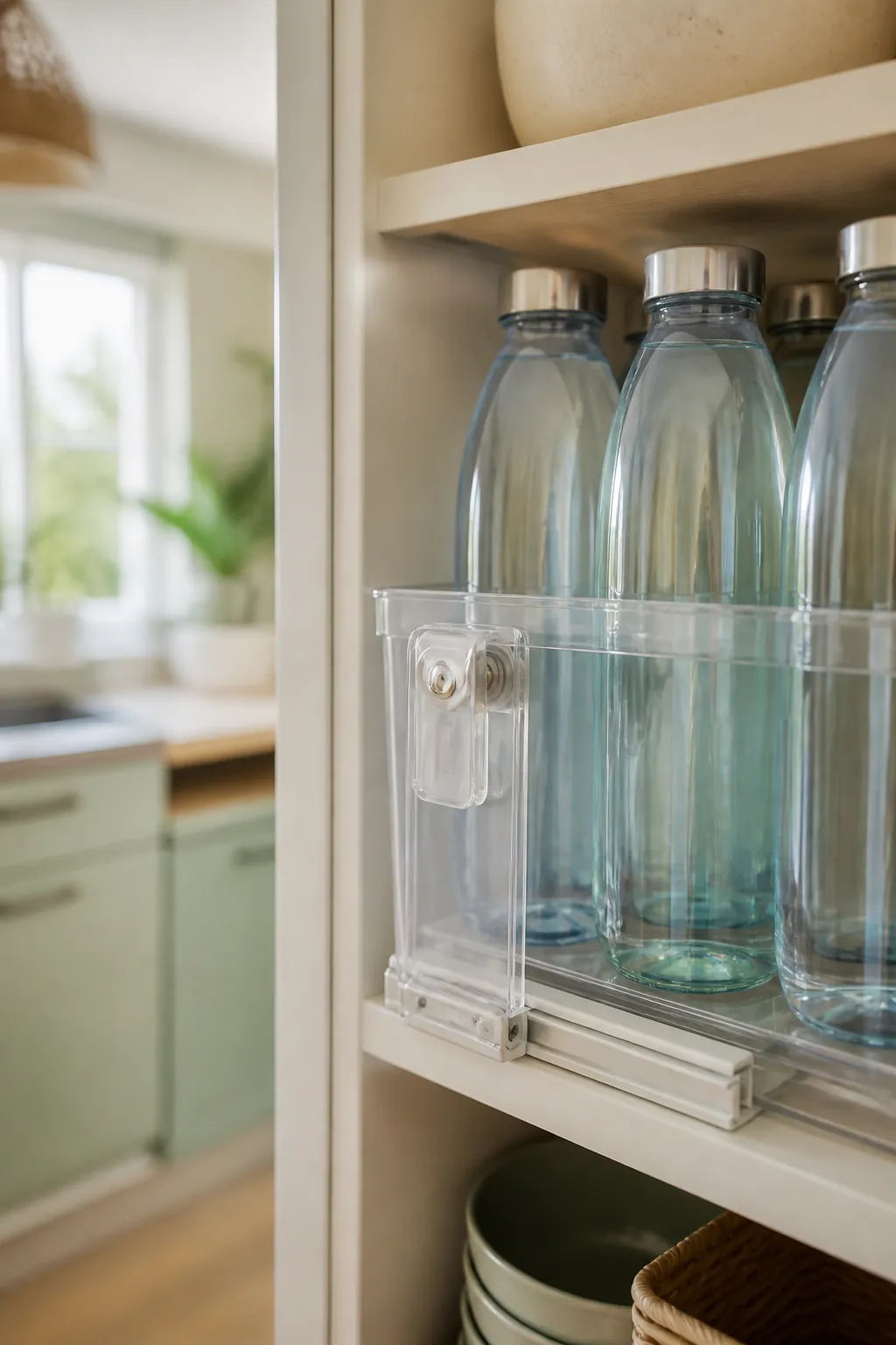 A clear stackable bin on a cabinet shelf holding several water bottles standing upright side by side.