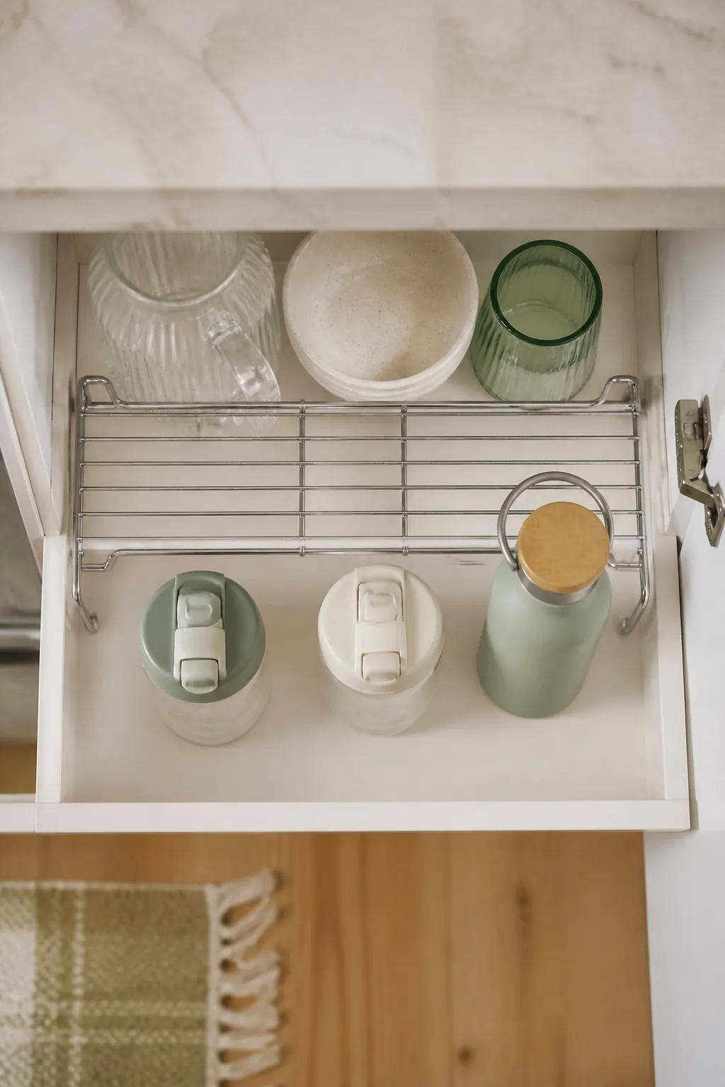 An expandable wire shelf riser inside a cabinet holding short water bottles on the lower level.