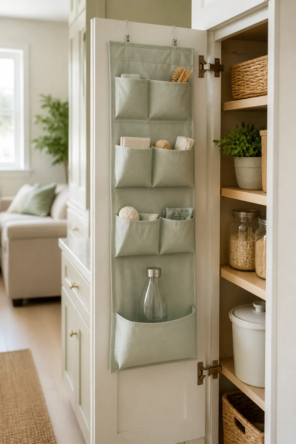 A fabric over-the-door pantry organizer on a cabinet door holding one water bottle in a pocket.