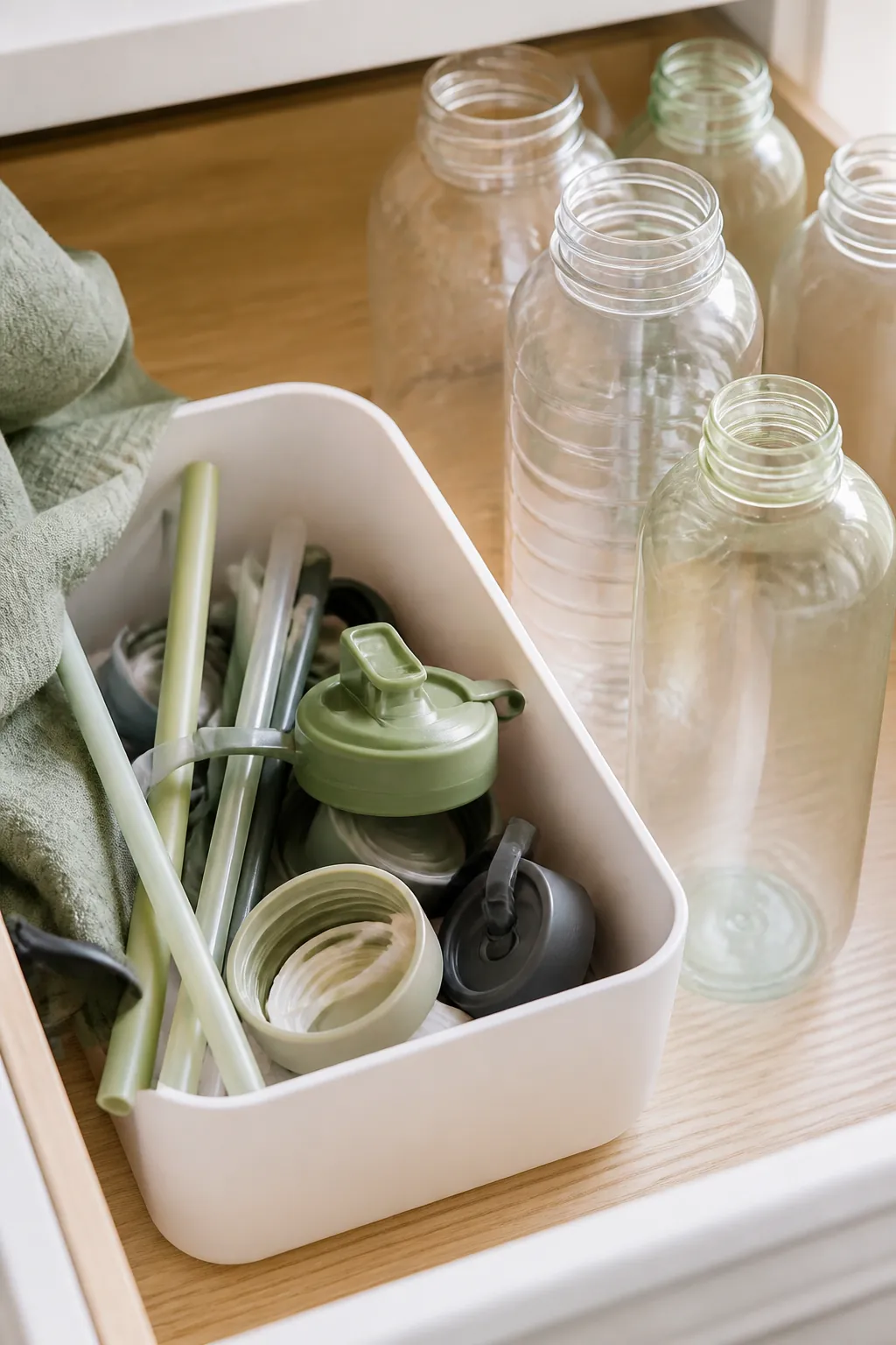 A small bin of loose water bottle lids and straws sitting on a counter beside empty bottles.