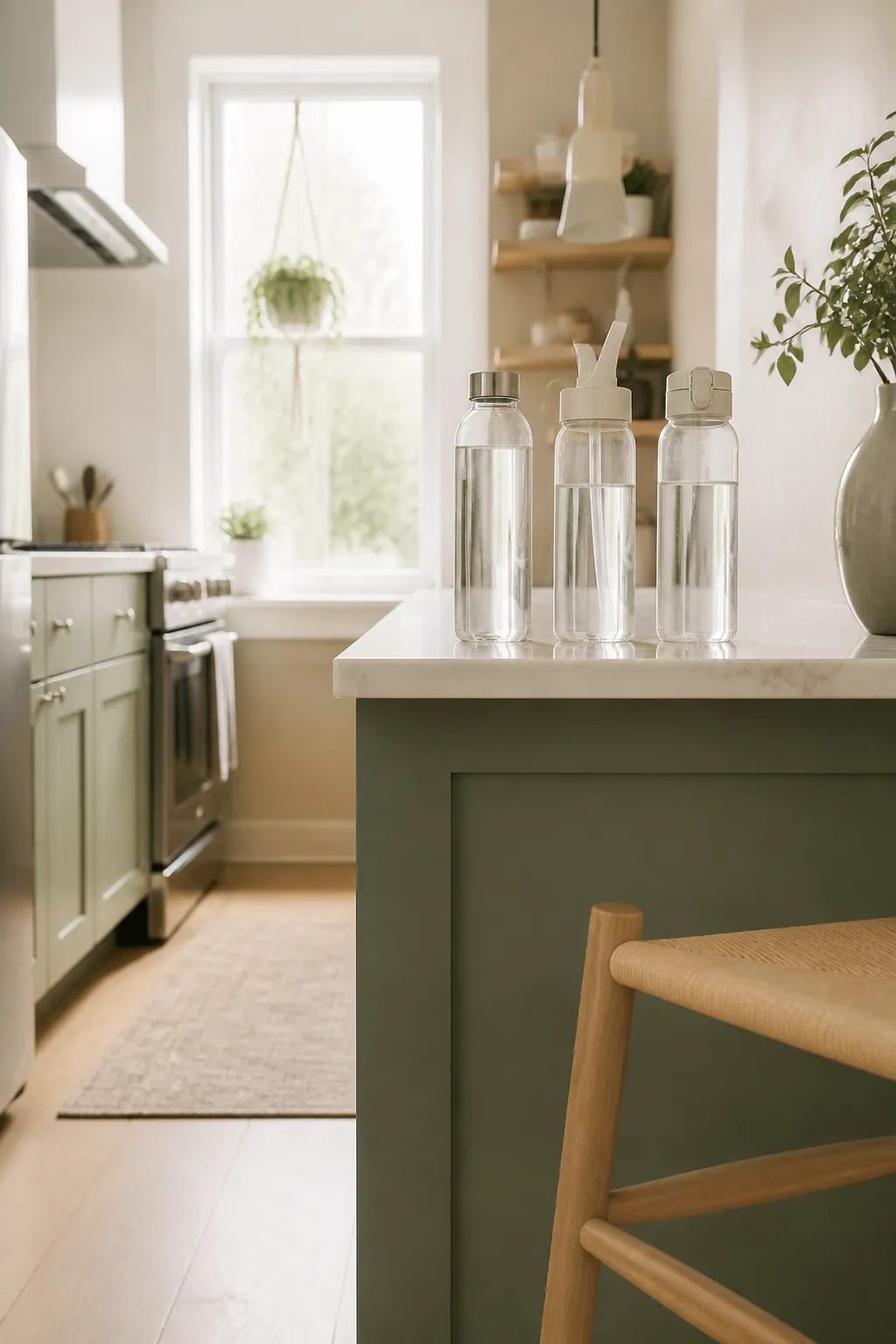 Three water bottles grouped on a counter by lid type: screw-cap, straw-lid, and flip-top.