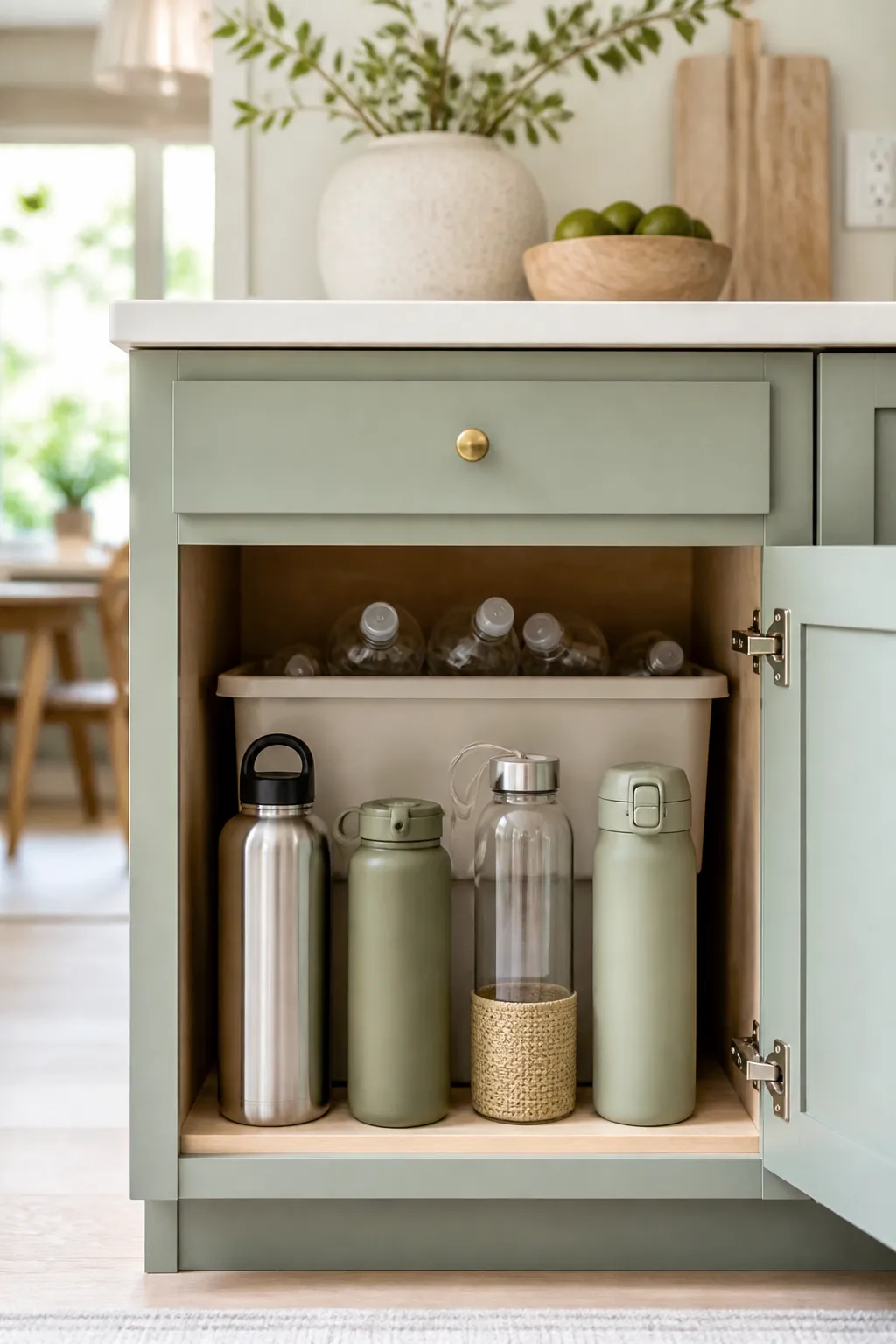 A cabinet shelf with a few everyday water bottles in front and spare bottles boxed at the back.