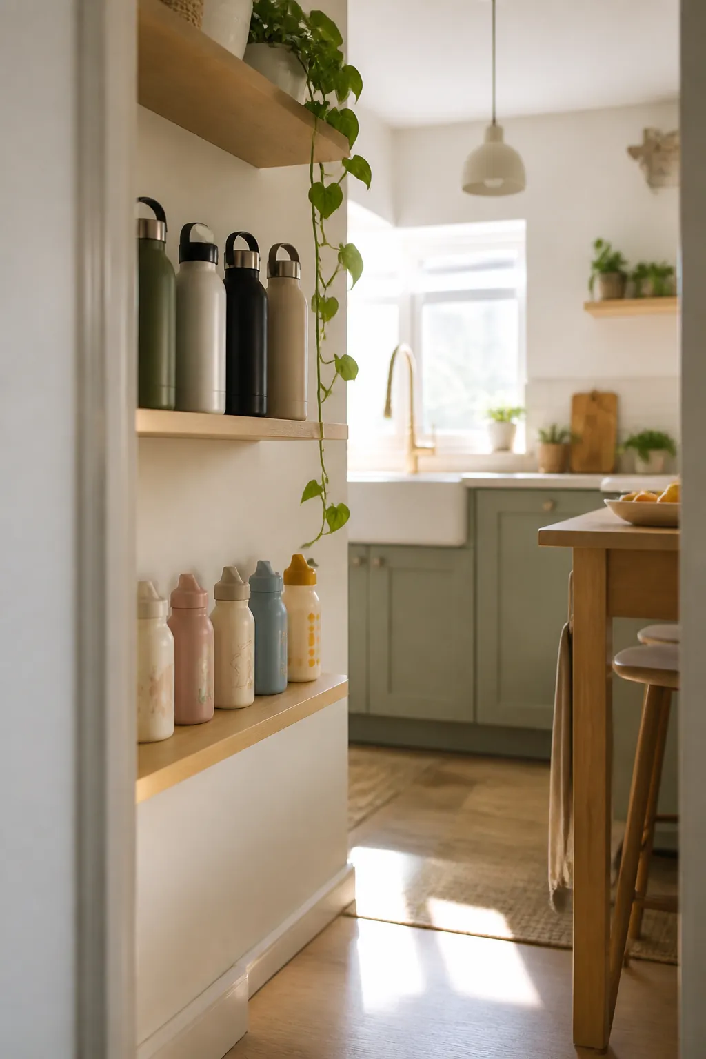 A low cabinet shelf holding several small kids' water bottles, taller adult bottles on the shelf above.