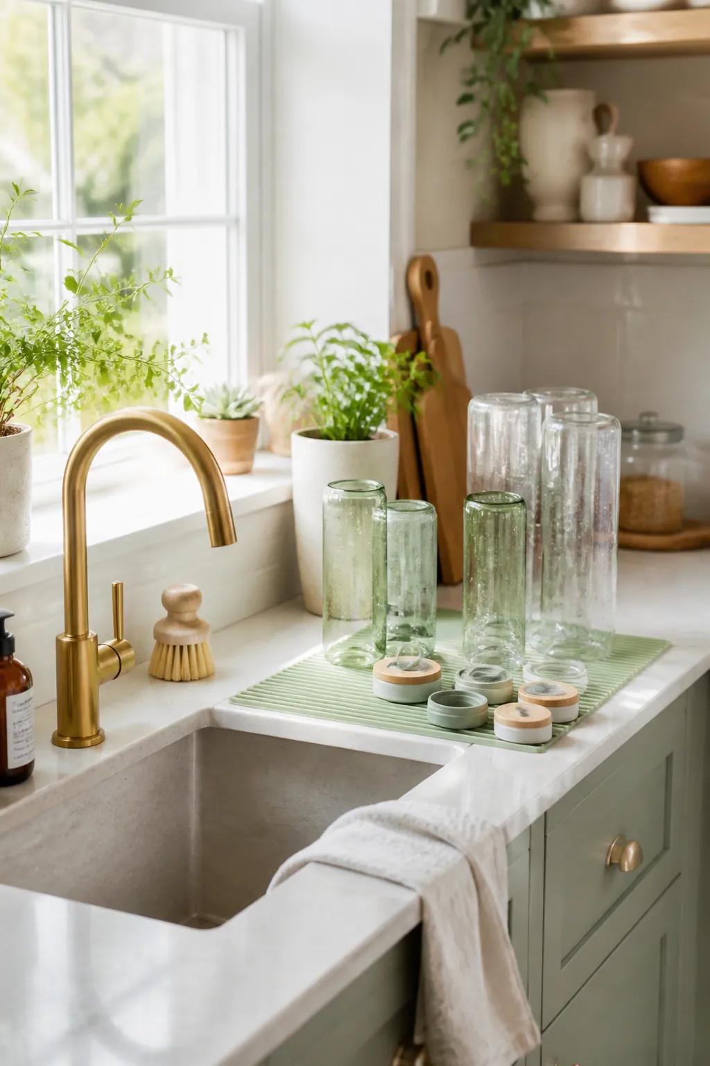 Several water bottles turned upside down on a drying rack by the sink, lids removed nearby.