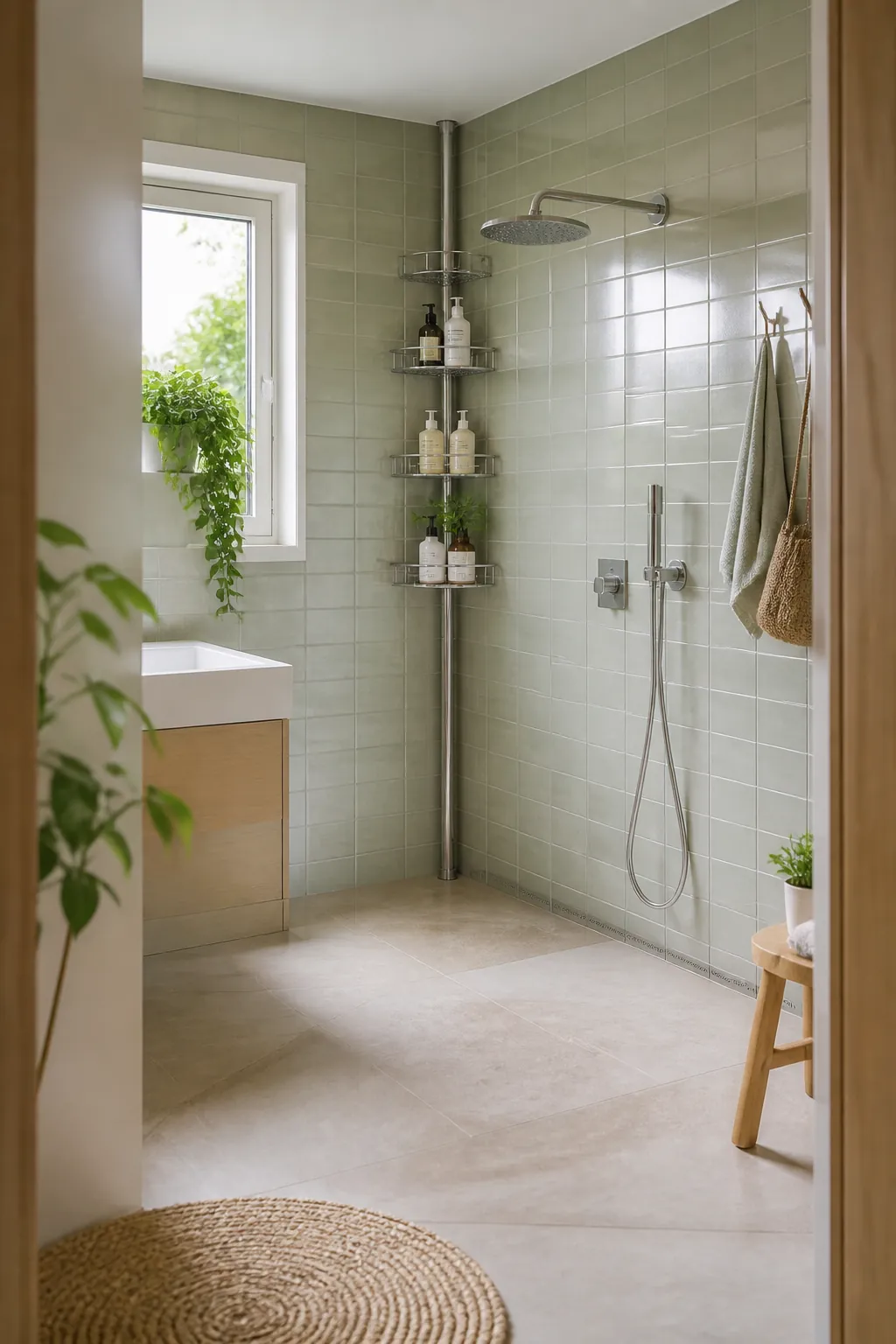 A stainless tension pole caddy braced floor to ceiling in the corner of a curbless tiled wet room