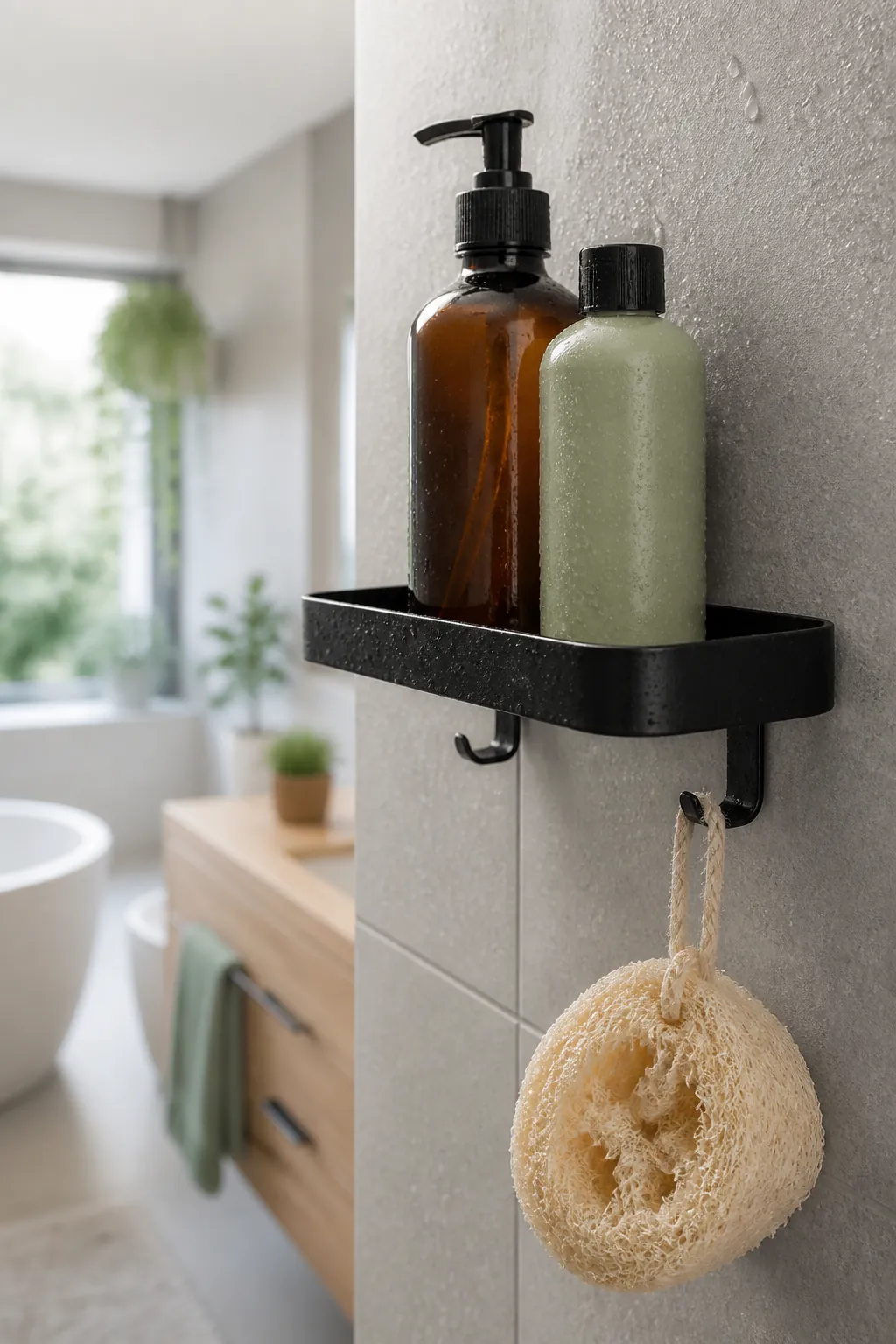 A black adhesive shelf on a tiled wet room wall holding two bottles, with a loofah hanging from the hook below