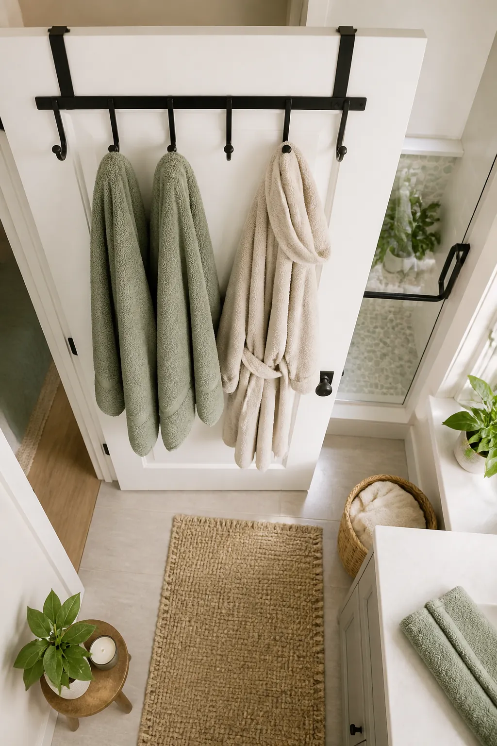 Black over-the-door hooks on a bathroom door holding two hanging towels and a robe