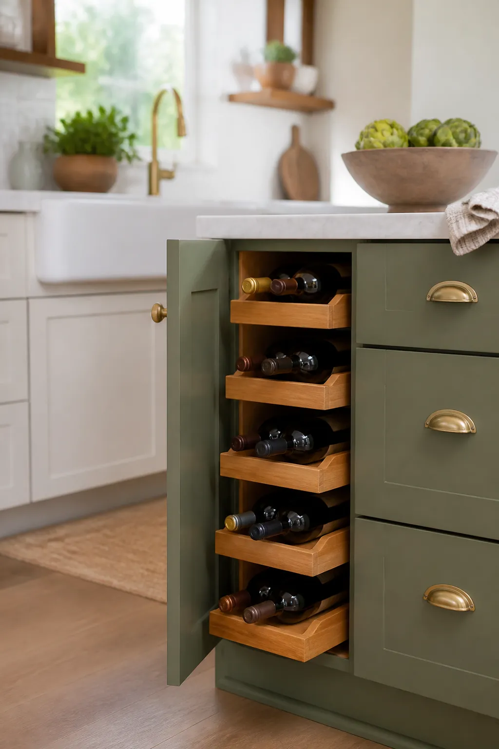 Wine bottles lie on their sides inside a shallow tray on a cabinet shelf, kept from rolling.
