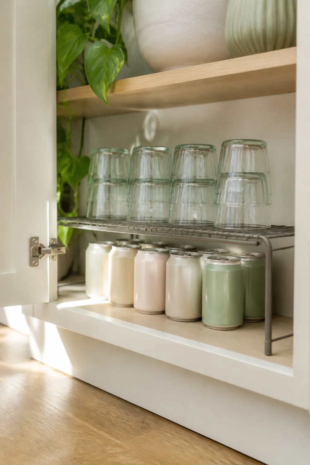 A metal shelf riser inside a cabinet holds short tumblers on top and canned mixers underneath.