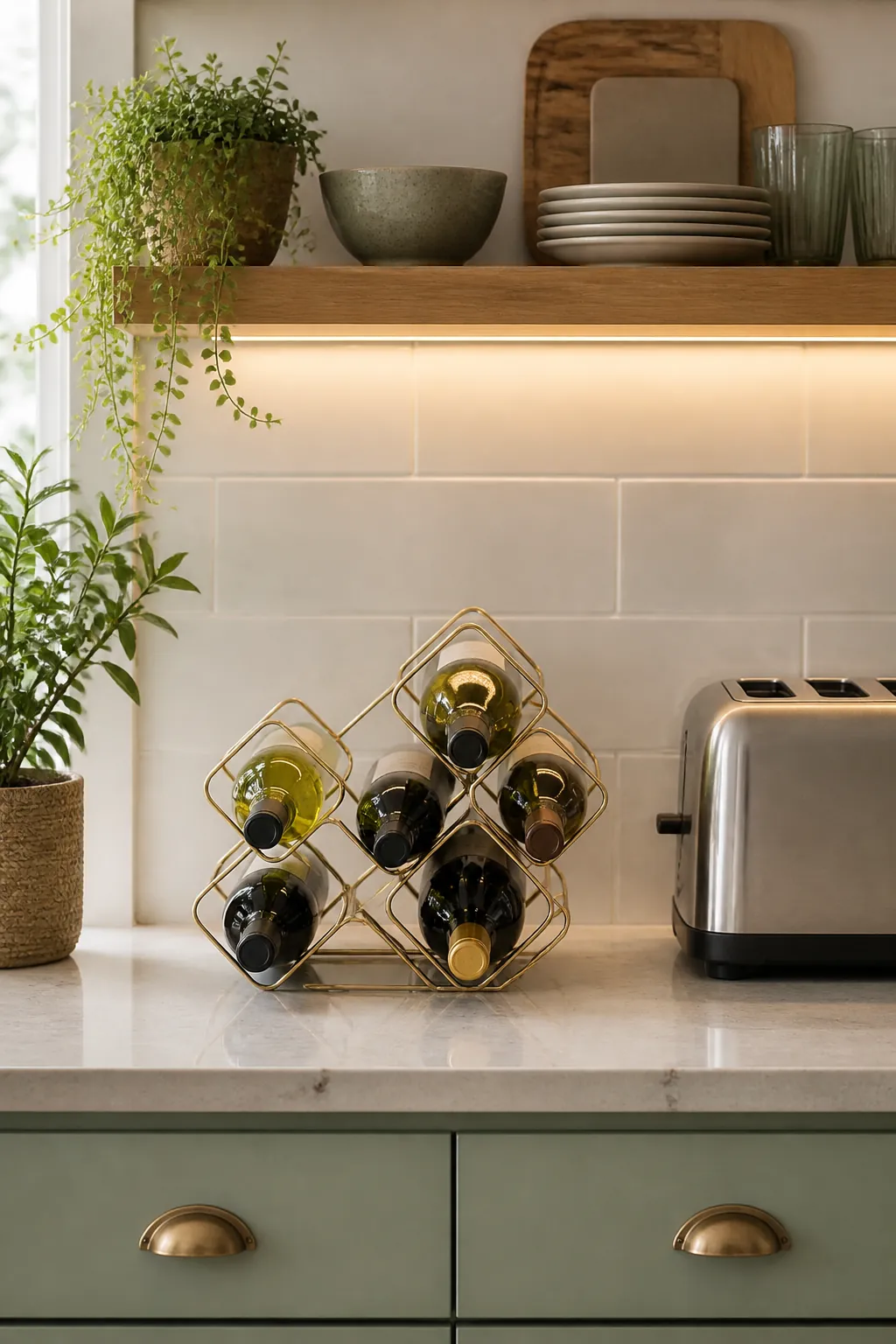 A wire countertop wine rack holds six angled bottles on a counter beside a toaster.