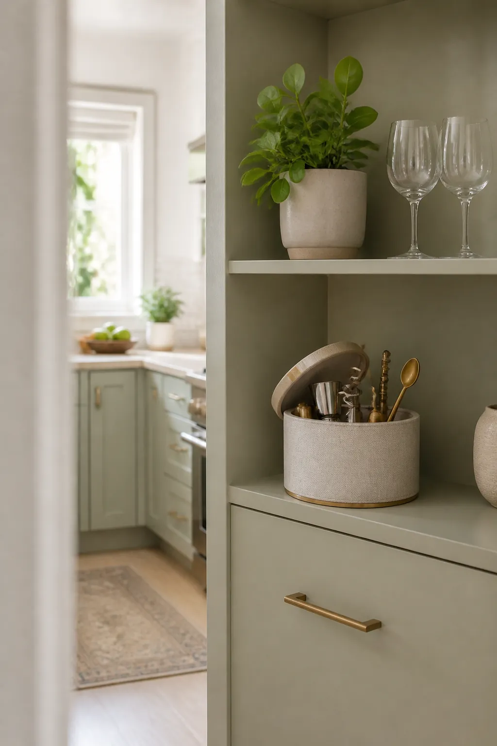 A small lidded caddy holds a corkscrew, bottle stopper, jigger, and bar spoon on a shelf.