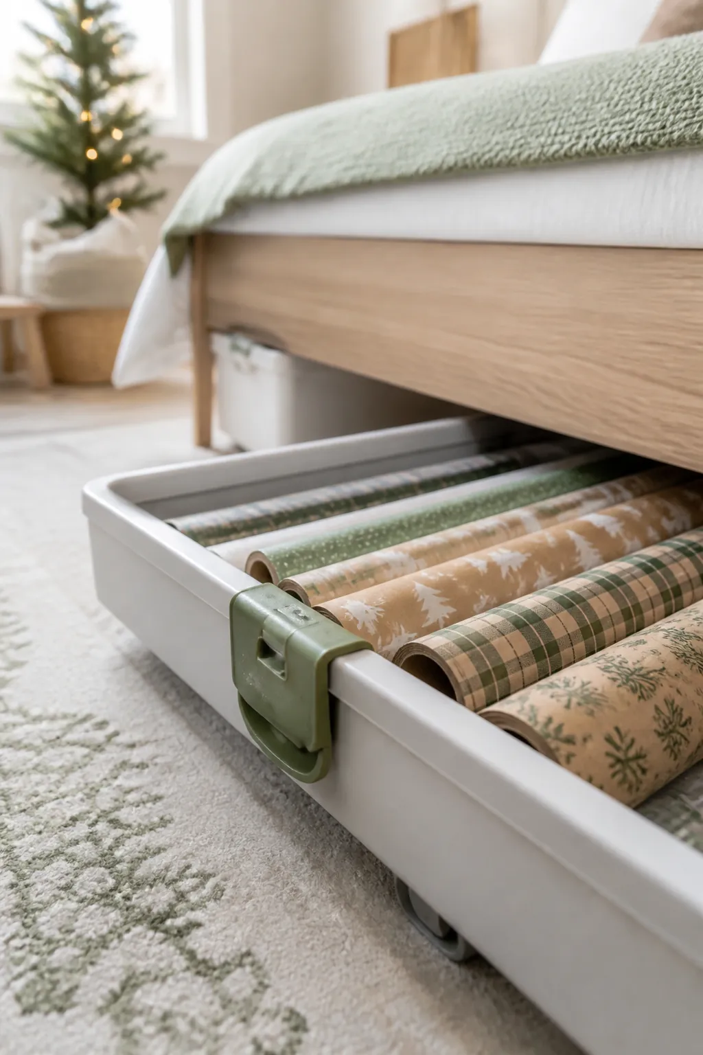 A shallow under-bed storage bin pulled halfway out, several wrapping paper rolls lying flat in a single layer inside.
