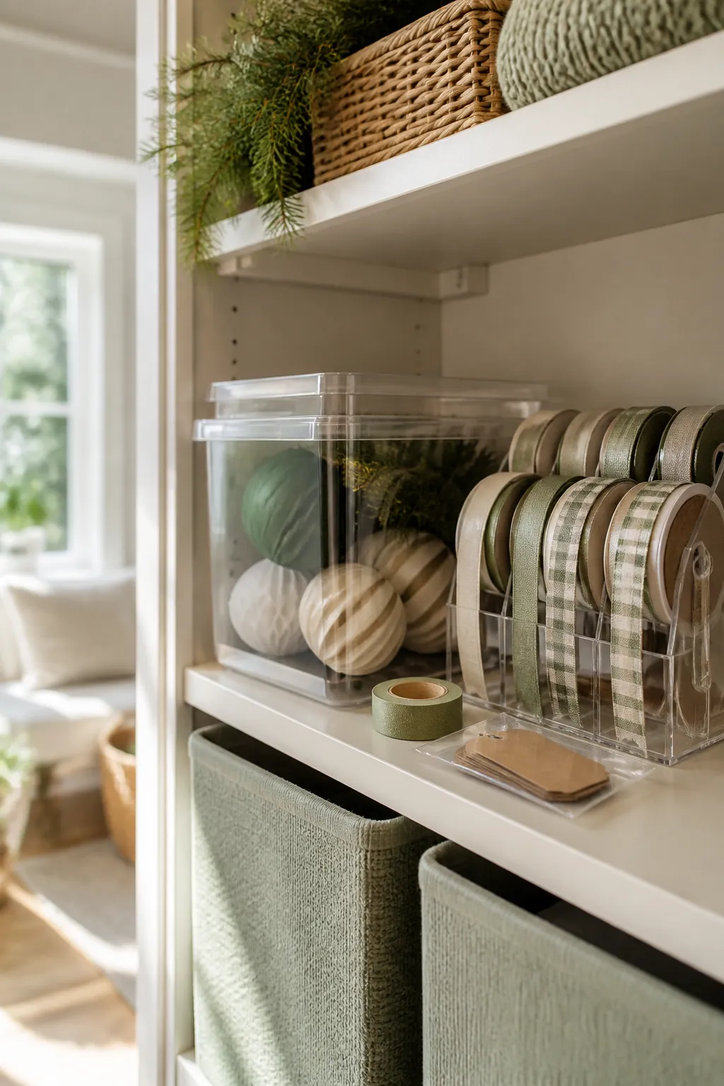 A clear stackable bin on a shelf holding ribbon spools in separate slots beside a tape roll and gift tags.