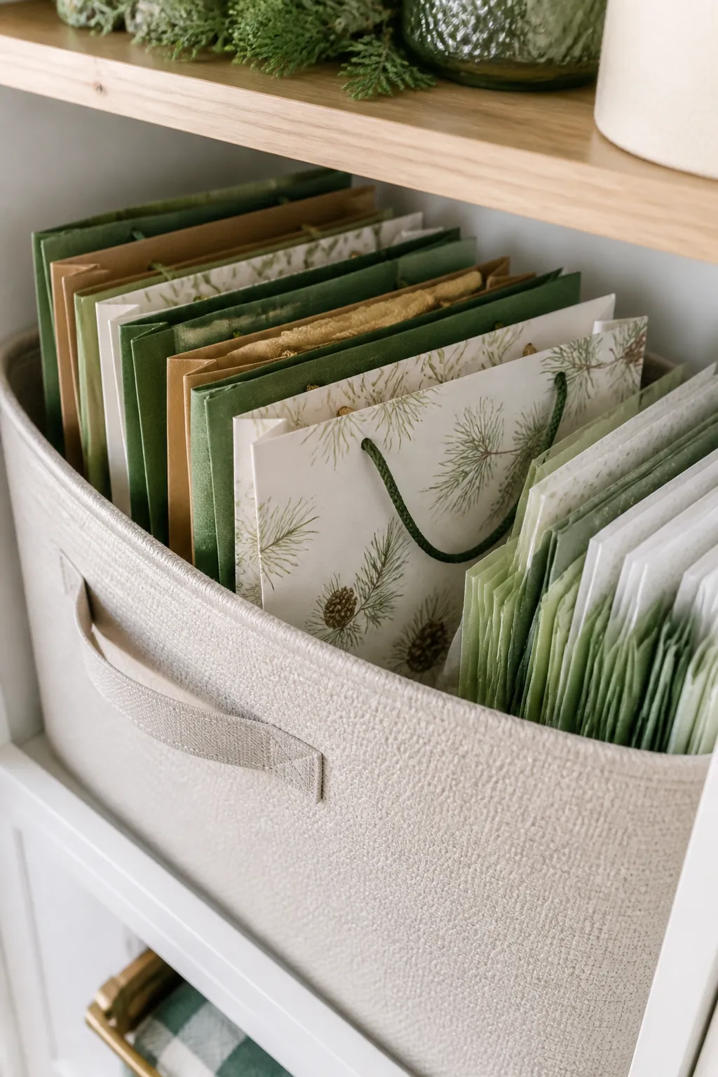 A fabric storage bin on a closet shelf holding gift bags nested upright beside folded sheets of tissue paper.