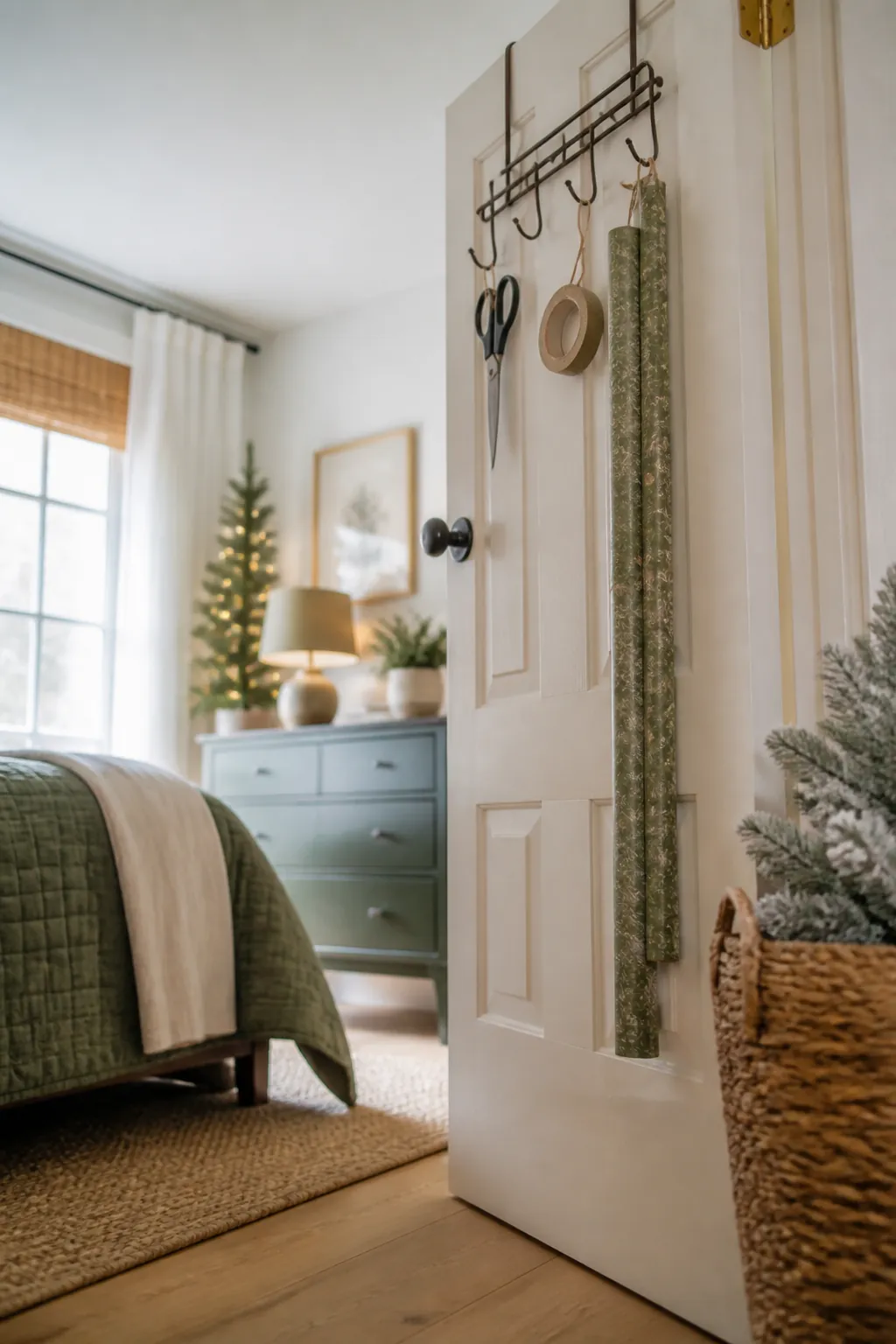 An over-the-door hook rack on a bedroom door holding scissors, a tape roll, and a folded length of wrapping paper.