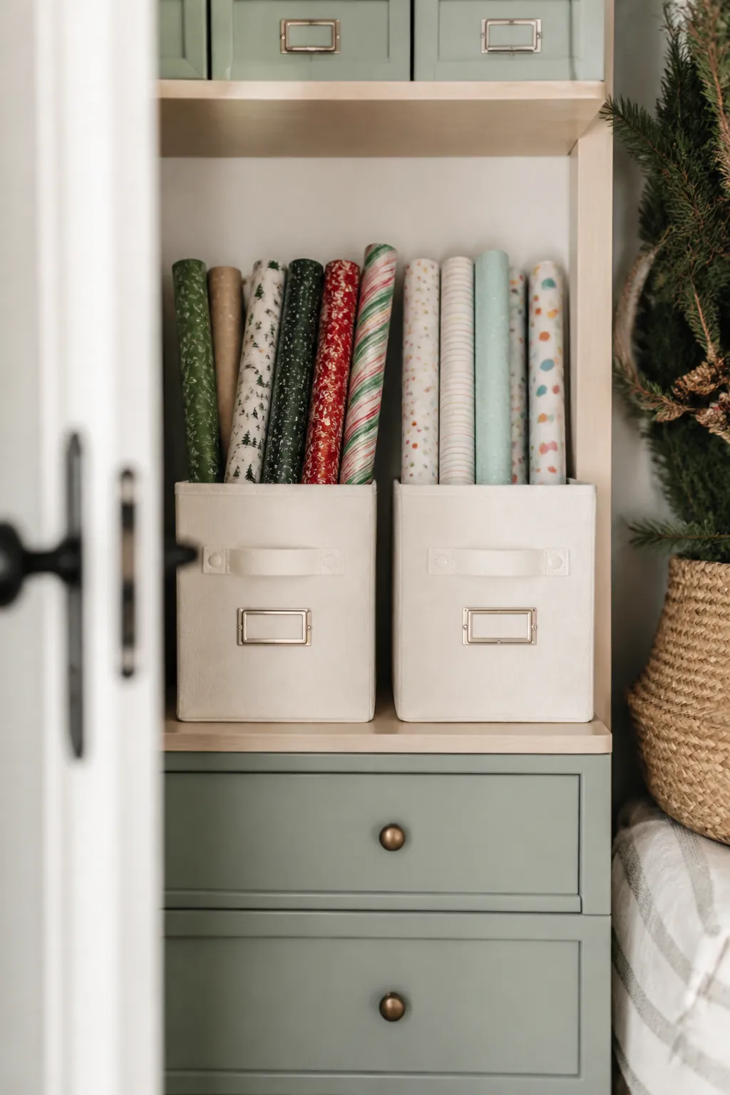 Two labeled storage bins on a closet shelf, one marked holiday and one marked birthday, each holding patterned paper rolls.