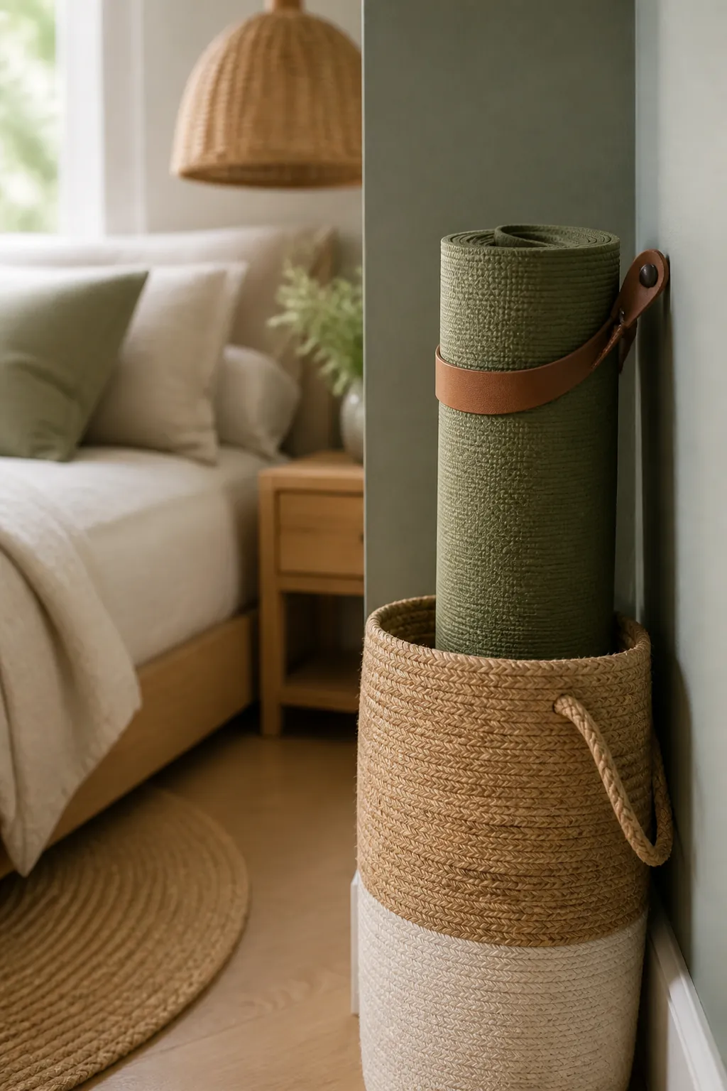 A rolled yoga mat standing upright inside a tall narrow basket wedged into a bedroom corner.