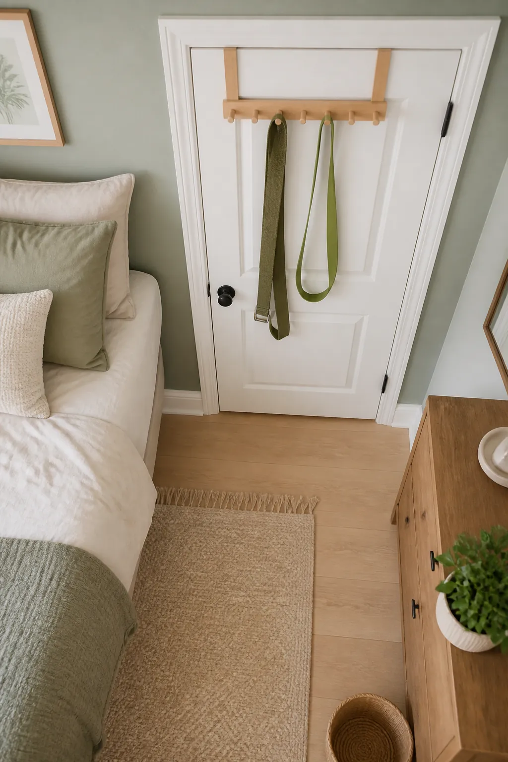 An over-the-door hook hanger mounted on a bedroom door, holding a yoga strap and a looped resistance band.