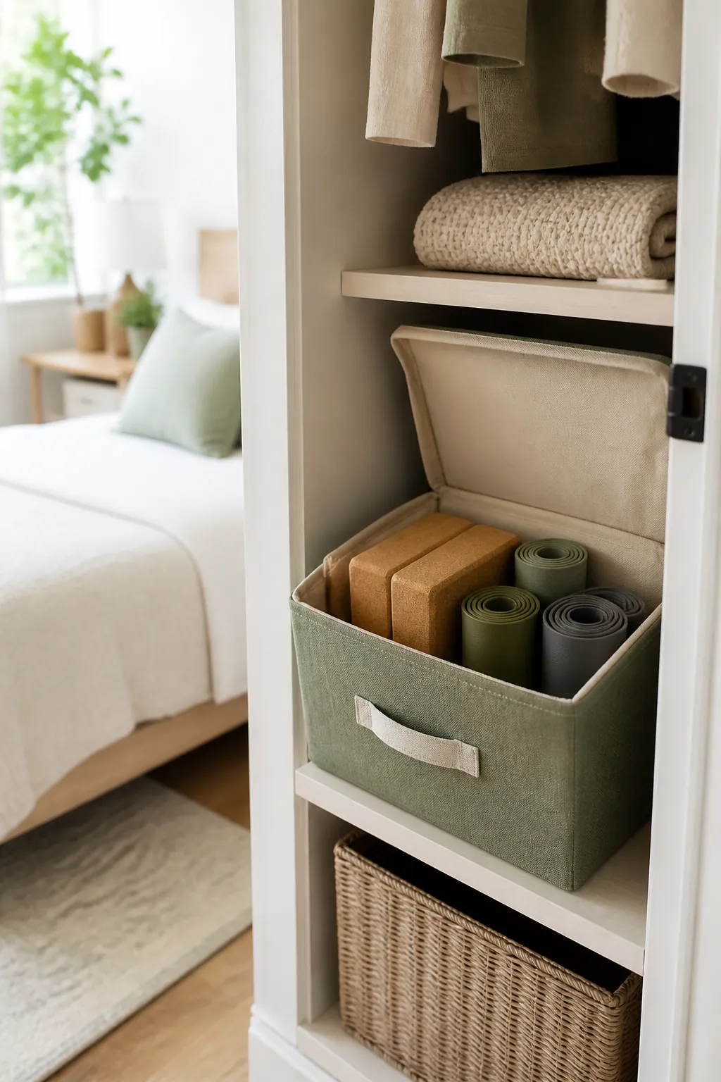 An open fabric storage bin on a closet shelf holding two yoga blocks and rolled resistance bands standing upright.