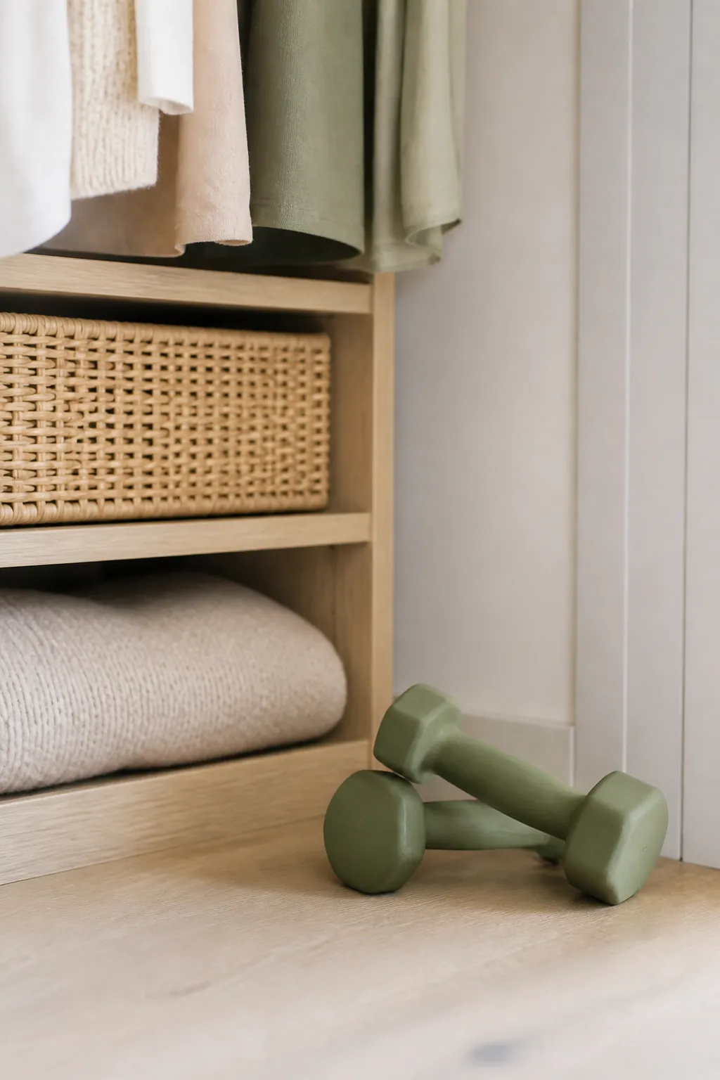 A pair of hand weights resting on a closet floor beside a low, sturdy shelf rather than a high one.