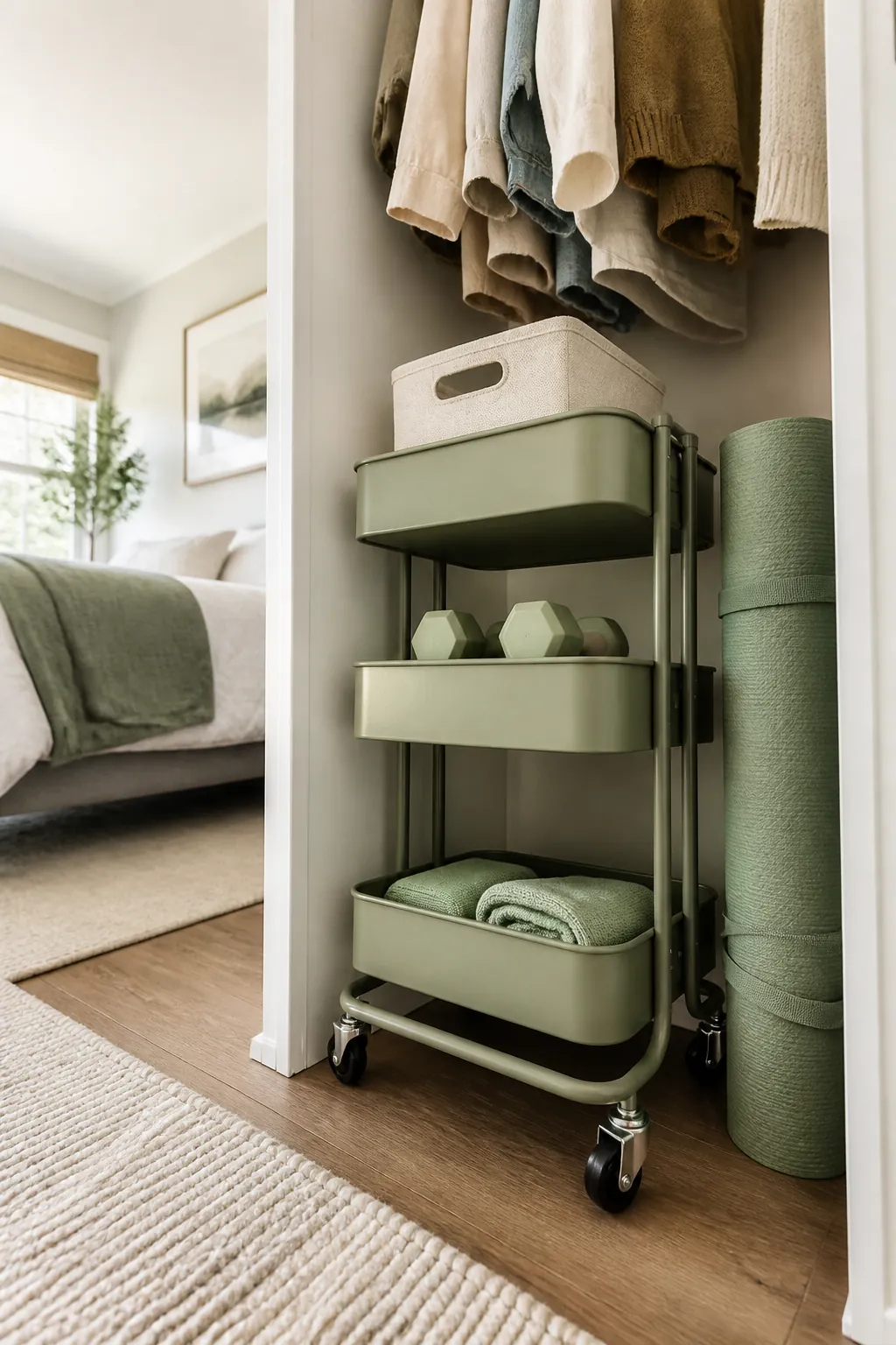 A three-tier rolling cart in a closet corner holding a fabric bin, hand weights, and an upright yoga mat.