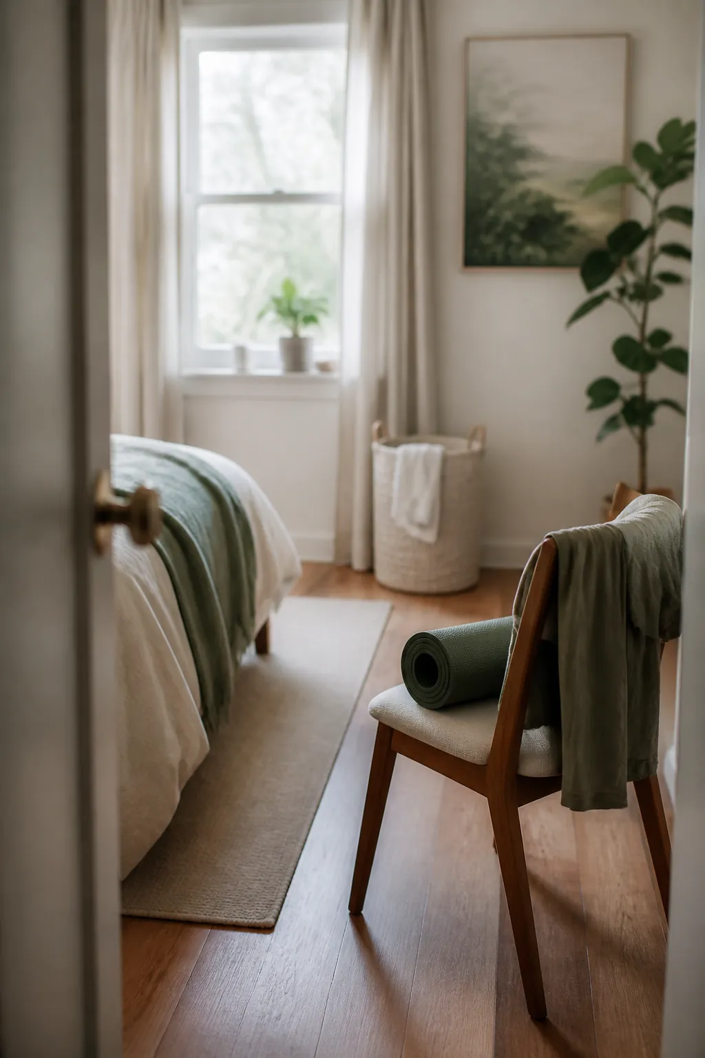 A damp yoga mat and workout shirt draped over a chair back, kept apart from a laundry hamper nearby.