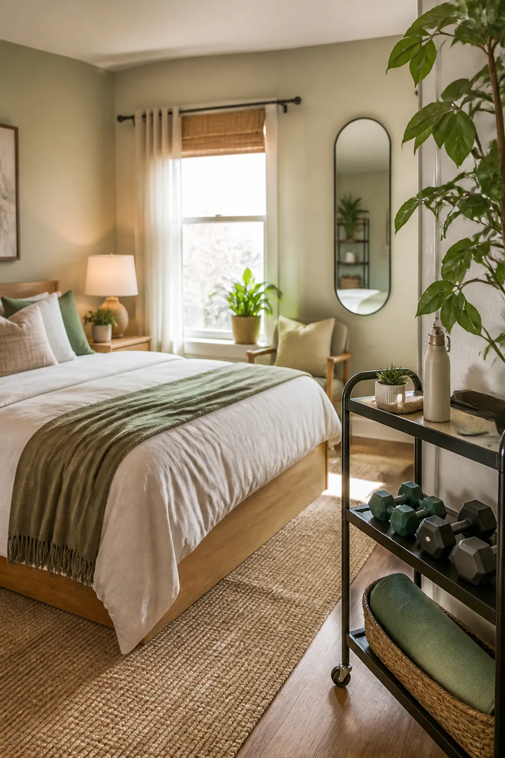 A tidy bedroom corner with a rolled mat back in its basket and weights returned to a cart shelf.